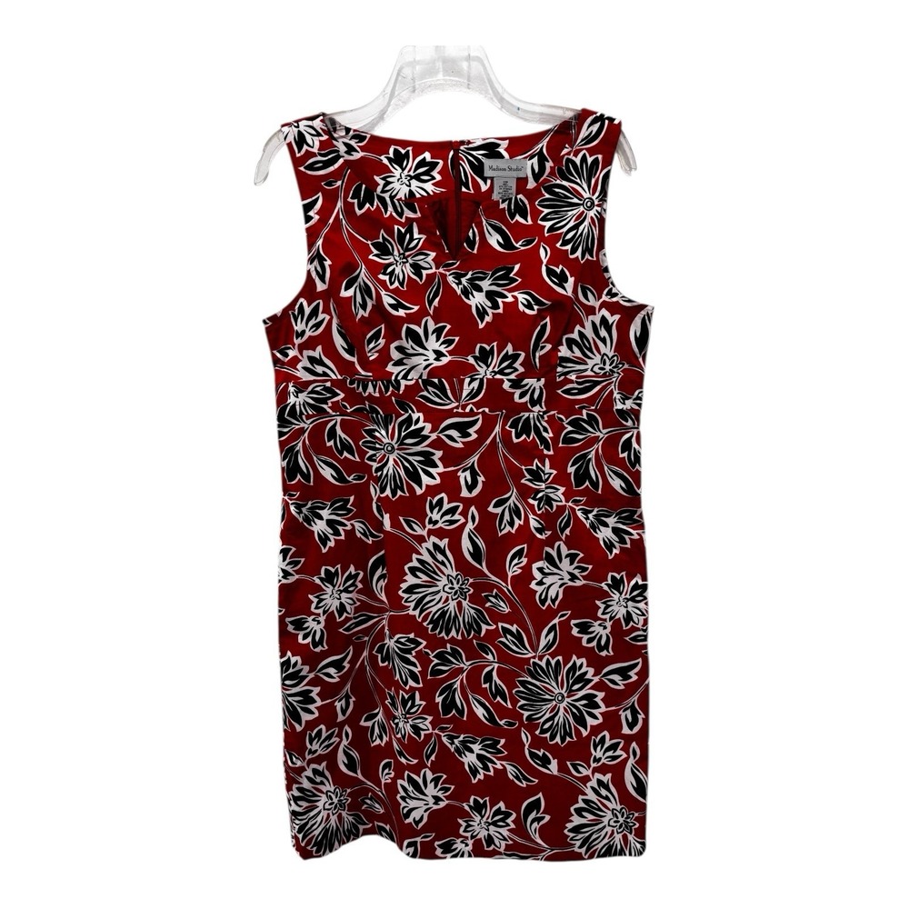 Madison Studio Sheath Dress 12 Petite Red Black Floral Cotton Blend Office Chic